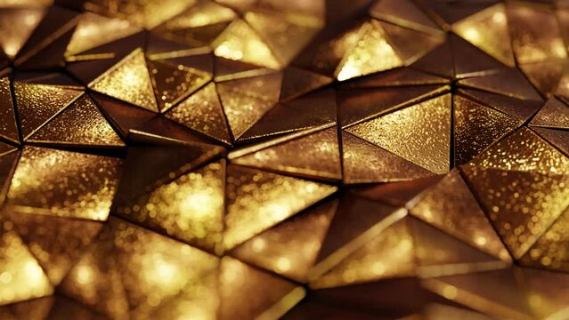 DOF closeup camera abstract looping 3D animation of the moving shiny golden metallic textured triangles pattern rendered in UHD as motion background