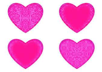 Set of 4 heart shaped valentine's cards. 2 with pattern, 2 with copy space. Neon plastic pink background and glowing pattern on it. Cloth texture. Hearts size about 8x7 inch / 21x18 cm (p06ab)