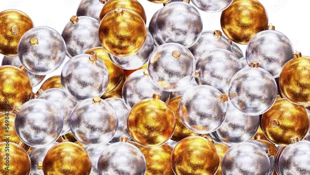 Poster realistic 3d animation of the textured glossy golden and silver metallic christmas baubles falling f