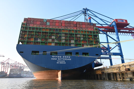 HAMBURG, GERMANY, 14th November 2022: Several large container ships and cranes of the port of Hamburg