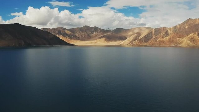 Aerial view of Pangong Lake in Ladakh, India. Natural beauty of Ladakh in India. Famous tourist place in the world Travel.