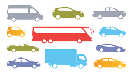 Set of cars. Collection of colorful vehicles. Multicolored logotypes and graphic elements for website. Travel and tourism symbol. Cartoon flat vector illustrations isolated on white background