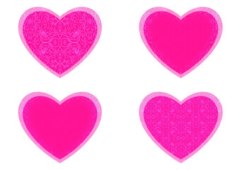 Set of 4 heart shaped valentine's cards. 2 with pattern, 2 with copy space. Neon plastic pink background and glowing pattern on it. Cloth texture. Hearts size about 8x7 inch / 21x18 cm (p07-1bc)