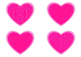 Set of 4 heart shaped valentine's cards. 2 with pattern, 2 with copy space. Neon plastic pink background and glowing pattern on it. Cloth texture. Hearts size about 8x7 inch / 21x18 cm (p08-1bc)