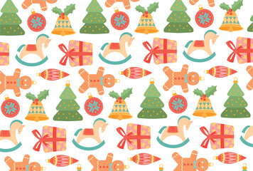 Christmas gingerbread seamless pattern. Repeating design element for printing on gift paper. Winter holidays, culture and traditions, New Year. Toys, balls and gifts. Cartoon flat vector illustration