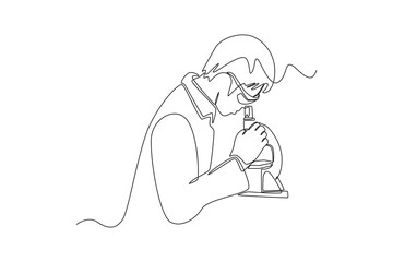 One continuous line drawing of scientist use a microscope to see the progress of his research results. Scientist concept. Single line draw design vector graphic illustration. Laboratory.