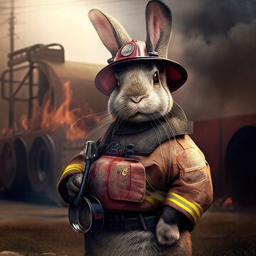 Rabbit fireman portrait. Stunning creative illustration generated by Ai