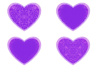 Set of 4 heart shaped valentine's cards. 2 with pattern, 2 with copy space. Neon proton purple background and glowing pattern on it. Cloth texture. Hearts size about 8x7 inch / 21x18 cm (p07-1ab)