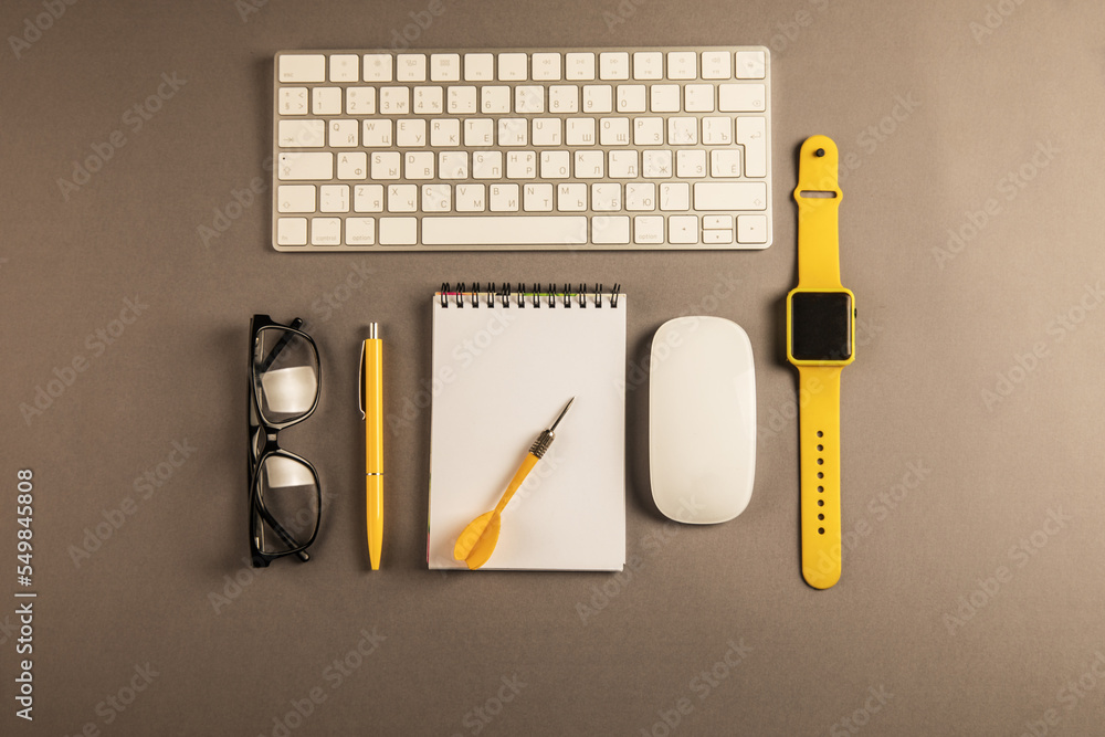 Poster keyboard, notepad, dart and clock