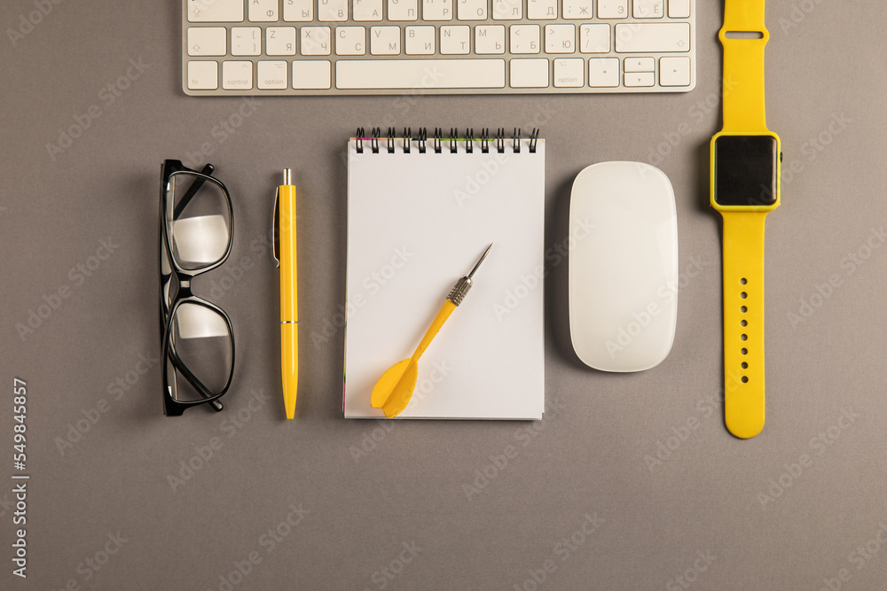 Poster keyboard, notepad, dart and clock