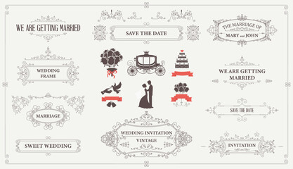 Set of design elements and calligraphic page decorations for wedding cards and invitations. Vector illustration
