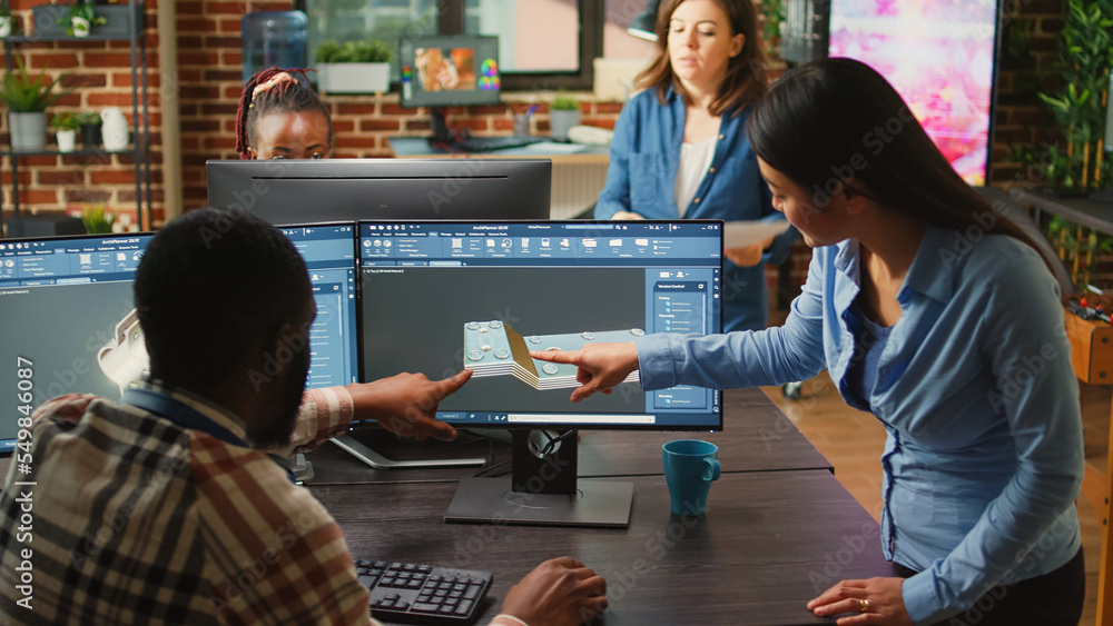 Poster professional agency workers designing industrial prototype on creative software, using 3d render int