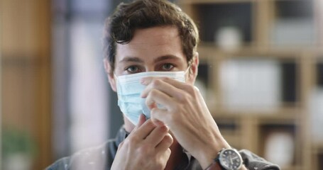 Business man putting on face mask for covid safety, office compliance and healthcare in workplace in portrait for trust, care or our vision. Corporate manager in corona virus mask for risk management - Powered by Adobe