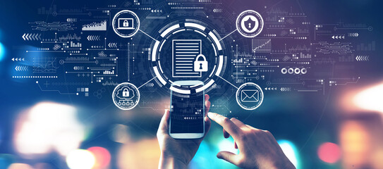 Data protection concept with blurred city lights at night