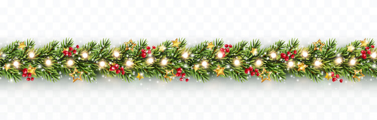 Border with green fir branches, gold stars, red berries, lights isolated on transparent background. Pine, xmas evergreen plants seamless banner. Vector Christmas tree garland decoration