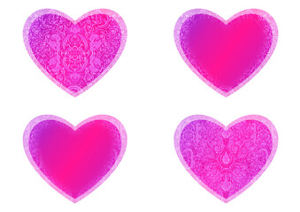 Set of heart shaped valentine's cards. 2 with pattern, 2 with copy space. Neon gradient plastic pink to proton purple, glowing pattern on it. Cloth texture. Heart size 8x7 inch / 21x18 cm (p01ab)