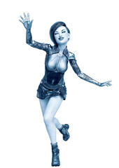 cyborg girl happy and running in a white background