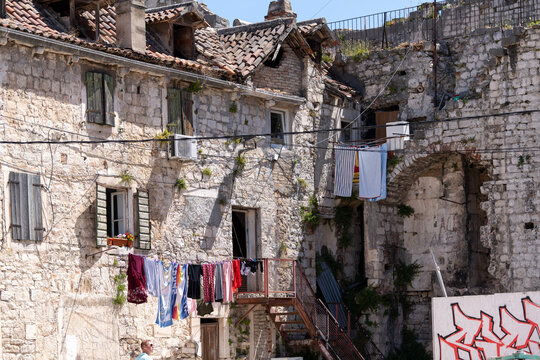 Modern laundry hanging in medieval town
