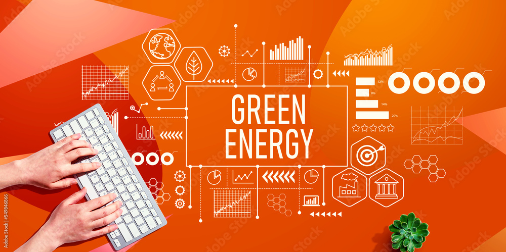 Poster green energy concept with person using a computer keyboard