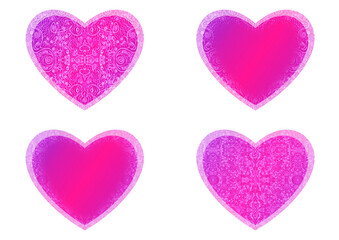 Set of heart shaped valentine's cards. 2 with pattern, 2 with copy space. Neon gradient plastic pink to proton purple, glowing pattern on it. Cloth texture. Heart size 8x7 inch / 21x18 cm (p06ab)