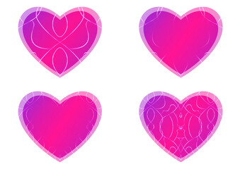Set of heart shaped valentine's cards. 2 with pattern, 2 with copy space. Neon gradient plastic pink to proton purple, glowing pattern on it. Cloth texture. Heart size 8x7 inch / 21x18 cm (p08-1ab)