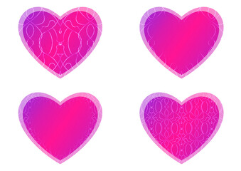 Set of heart shaped valentine's cards. 2 with pattern, 2 with copy space. Neon gradient plastic pink to proton purple, glowing pattern on it. Cloth texture. Heart size 8x7 inch / 21x18 cm (p08-1bc)