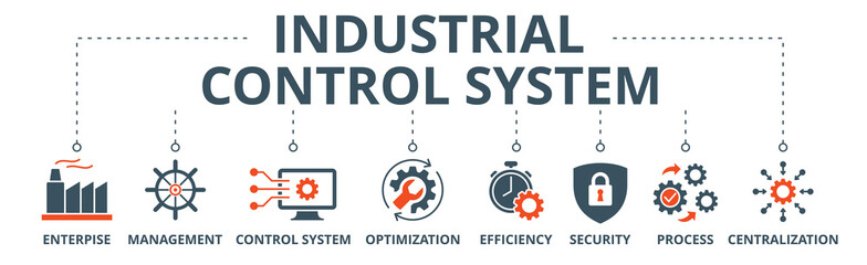 Industrial control system banner web icon vector illustration concept with icon of enterprise, management, control system, optimization, efficiency, security, process, centralization