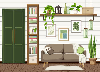 Living room interior with a sofa, a green door, a bookcase, and houseplants. Scandinavian interior design. Cartoon vector illustration