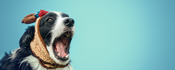 Fototapeta premium Portrait of a black and white border collie dog on blue background. The dog is yawning and looks like it is shouting. Wide screen with text space. Christmas setting