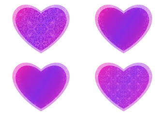 Set of heart shaped valentine's cards. 2 with pattern, 2 with copy space. Neon gradient proton purple to plastic pink, glowing pattern on it. Cloth texture. Heart size 8x7 inch / 21x18 cm (p07-1bc)