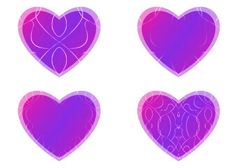 Set of heart shaped valentine's cards. 2 with pattern, 2 with copy space. Neon gradient proton purple to plastic pink, glowing pattern on it. Cloth texture. Heart size 8x7 inch / 21x18 cm (p08-1ab)