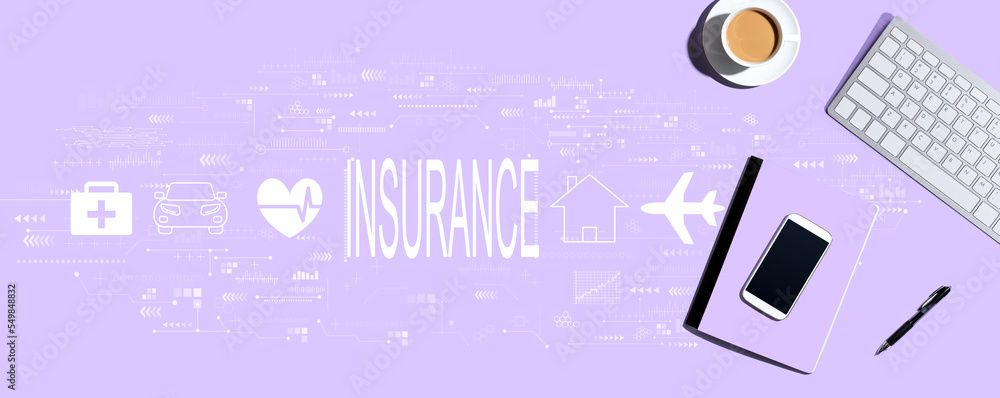 Poster insurance concept with a computer keyboard and office items