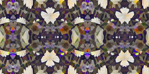 Retro kaleidoscope floral seamless border. Vintage geo gender neutral fashion ribbon for botanical cottagecore banner. Trendy watercolor for splotched flower texture.  - obrazy, fototapety, plakaty