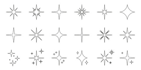 Sparkle Star Line Icon Set. Glow Spark Flash Stars Black Outline Collection. Shine Burst Magic Decoration Symbol. Glistering Effect Light. Twinkle Flare. Isolated Vector Illustration