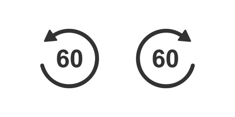 1 minute or 60 seconds rewind and fast forward icons with circle arrows. Round repeat and next buttons isolated on white background. Media player playback elements. Vector graphic illustration
