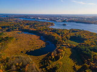 Eliot historic town center and Piscataqua River aerial view in fall with Portsmouth city at the background on Eliot Common, town of Eliot, Maine ME, USA. 