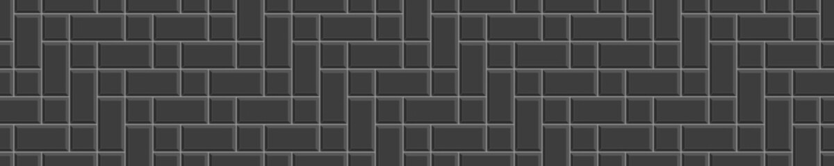 Black herringbone inserted tile horizontal texture. Kitchen backsplash mosaic layout. Bathroom, shower or toilet floor decoration. Stone or ceramic brick wall background. Vector flat illustration
