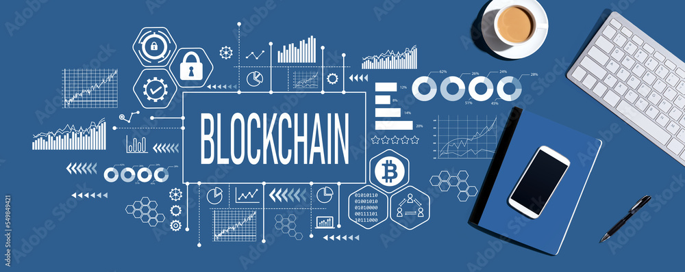 Poster blockchain theme with a computer keyboard and office items