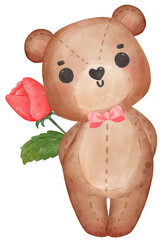 cute sweet Valentine brown teddy bear with roses bouquet watercolour hand drawing