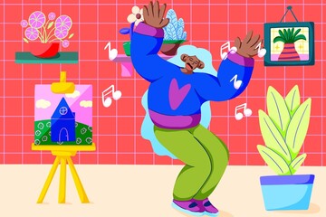 Long-haired woman moves to the music