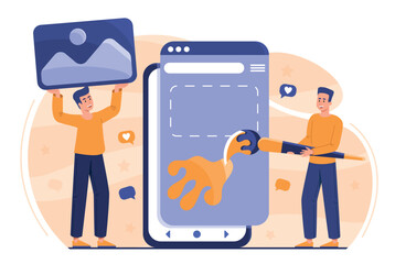 People creating mobile interface. Men next to smartphone, creative individuals, graphic designers and freelancers. Teamwork, collaboration and cooperation concept. Cartoon flat vector illustration