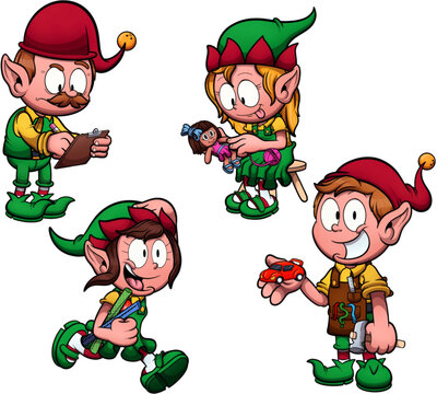 Christmas Worker Elves. Vector clip art illustration with simple gradients.
