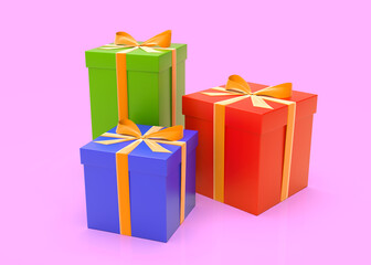 3d illustration of multi-colored bright gifts on a pink background