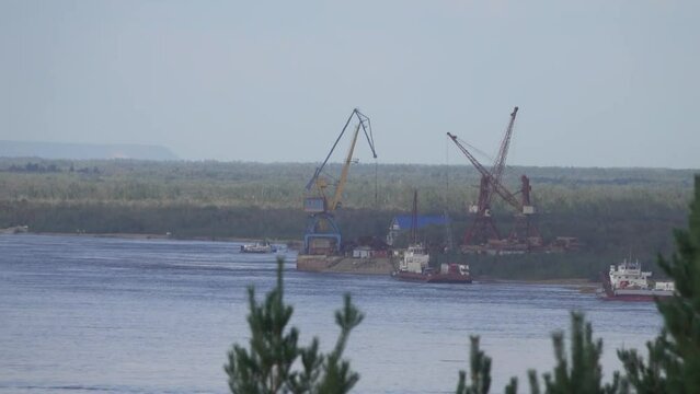 The Great Siberian Lena River. Taiga shores. River navigation. Small port