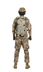 Soldier in Ukrainian military uniform with tactical goggles and backpack on white background, back...