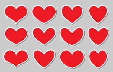 Red hearts flat sticker set. Valentines day paper card template. Copy space for romantic love massage note. Different heart shapes symbol with wtite border on grey background. Like sign web buttons