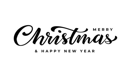 Merry Christmas Happy New Year brush lettering. Hand drawn ink pen calligraphy on white. Creative typography template for winter holiday greeting card, print overlay banner poster flyer Xmas postcard