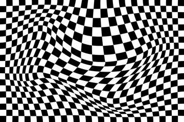 Distorted chequered chessboard background. Vaporing, stretching, deeping effect. Psychedelic pattern with warped black and white squares. Race flag texture. Trippy checkerboard