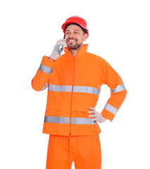 Man in reflective uniform talking on phone against white background
