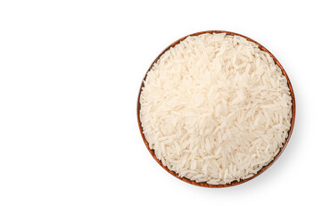 Rice in a bowl on white background. Top view
